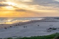 People relaxing on the Birubi beach at sunset.