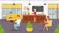 People Relaxing in Cafe Shop, Male Barista Serving Customers at Counter Vector Illustration