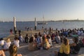 People at Cais das Colunas in Lisbon Royalty Free Stock Photo