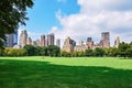 People relaxing and enjoying of a sunny day in Central Park. NYC skyline in the background. Free time leisure and travel concept.