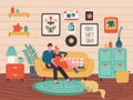 People relaxing at home. Couple lying on sofa, woman reading book. Young family spending time together Royalty Free Stock Photo