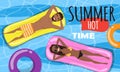 People relaxing in a pool. Top view, summertime, holidays poster. Couple swimming, have a fun time in the pool. Vector