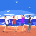 People Relaxing on Seaside at Summer Time, Tropical Resort Landscape with Ocean or Sea, Guys Walking, Running Royalty Free Stock Photo