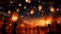 People release Khom Loi, the sky lanterns during Yi Peng or Loi Krathong festival, Chiang Mai, Thailand. Illustration.