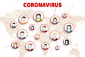 People in respirators on world map background. Coronavirus COVID-19 concept. Vector illustration