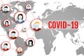 People in respirators on world map background. Coronavirus COVID-19 concept. Vector illustration