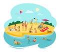 People rest on the beach. Cartoon vector illustration