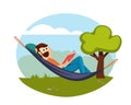People rest hammocks set. Relaxing women and men tropical beaches and in nature comfortable stretch beds for restful