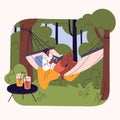 People rest on nature, outdoors in summer. Young woman lying, relax in hammock, reading paper book in wood, house