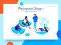 People resting and communicating in a common area. Open workspace and coworking. Landing page concept.3D isometric