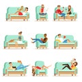 People Resting At Home Relaxing On Sofa Or Armchair Having Lazy Free Time And Rest Seris Of Illustrations Royalty Free Stock Photo