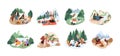 People resting in nature on adventure holidays. Set of families and friends relaxing outdoors. Colored flat cartoon