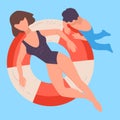 Female character relaxing in lifebuoy, pool or seaside