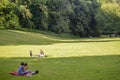 People are resting in the shade under a big tree