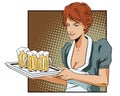 People in retro style. A waitress carrying a tray with a beer.