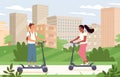 People ride electric scooter transport in urban city landscape, alternative eco lifestyle