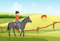 People ride horse in summer rural ranch landscape, young woman jockey rider riding horse Royalty Free Stock Photo