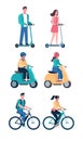 people ride modern electric scooters, bicycles, mopeds. Eco friendly alternative vehicles set. Vector in flat style