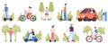 People ride scooter, bicycle, skateboard, motorbike and electric car. Human on hoverboard and gyro scooter vector Royalty Free Stock Photo