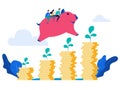 People rides piggy bank jump over money stack and growing a successful financial chart. Investment and increasing finance Royalty Free Stock Photo