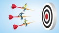 People riding on arrow to dartboard, goal. Vector illustration.