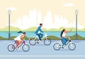 People riding bicycle. Cartoon active characters in city park riding bike, active and healthy lifestyle concept. Vector