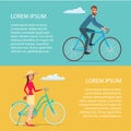 People riding bicycle. Cyclists man and woman. Cartoon poster Royalty Free Stock Photo