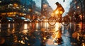 People riding a bicycle in the rain on a rainy day. Blurred background Royalty Free Stock Photo