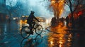 People riding a bicycle in the rain on a rainy day. Blurred background Royalty Free Stock Photo