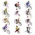 People Riding Bicycles Isometric Set