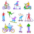 People riding different vehicles, vector illustration in line art style, bicycle, scooter, ski and skateboard. Royalty Free Stock Photo