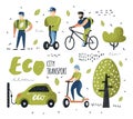 People Riding Eco Transportation. Green Urban City Transport. Ecology Concept. Man on Bicycle, Woman on Pushscooter