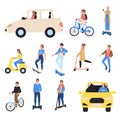 People riding ecological transport, isolated hand draw vector illustration. Cartoon character driving electric car Royalty Free Stock Photo