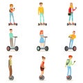 People Riding Electric Self-Balancing Batery Poweres Personal Electric Scooters Whith One Or Two Wheels, Set Of Cartooon