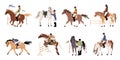 People riding horses. Horsemen in jockey clothes and helmets, professional equestrian, riding training, different