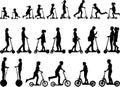 People riding kick electric urban scooter silhouette