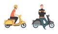 People riding motorbikes set. Young men using two wheeled transport cartoon vector illustration