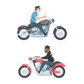 People riding motorcycles set. Young men using two wheeled transport cartoon vector illustration