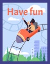People riding roller coaster in amusement park, happy man and scared woman, poster template flat vector illustration. Royalty Free Stock Photo