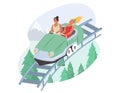 People riding roller coaster, vector illustration. Fairground amusement park attraction. Entertainment, leisure activity