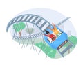 People riding roller coaster, vector illustration. Fairground amusement park attraction. Entertainment, leisure activity