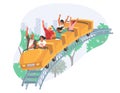 People riding roller coaster, vector illustration. Fairground amusement park attraction. Entertainment, leisure activity