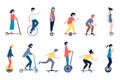 People riding skateboard. Teenage safety ride on segway and wheel transport. Person on skateboards and electric kick