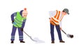 People road worker cartoon characters working with shovel digging ground and cleaning snow