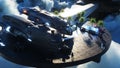 People and robots. futuristic city station on the clouds. Flying futuristic ships. 3d rendering.