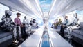 People and robots. Futuristic monorail transport. Concept of future. Realistic 4K animation.