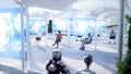 People and robots. Sci fi station. Futuristic monorail transport. Concept of future. 3d rendering.