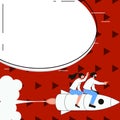 People on Rocket Ship Launching Fast Straight Up. Spaceship Drawing Flying High. Dialogue bubble contains important
