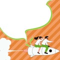 People on Rocket Ship Launching Fast Straight Up. Spaceship Drawing Flying High. Dialogue bubble contains important