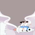 People on Rocket Ship Launching Fast Straight Up. Spaceship Drawing Flying High. Dialogue bubble contains important